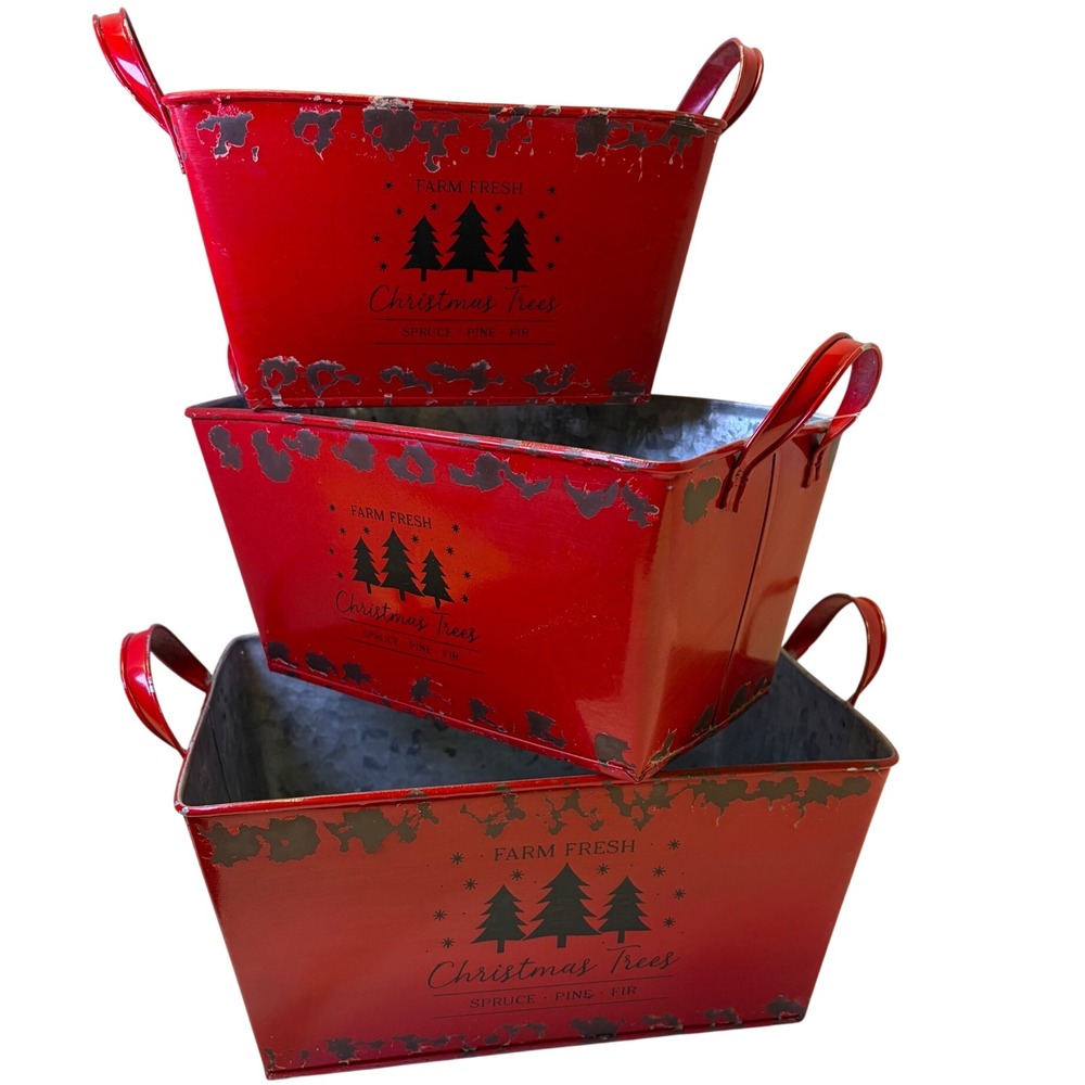 Set of 3 Farm Fresh Christmas Trees Red Galvanized Metal Bins with Handles
